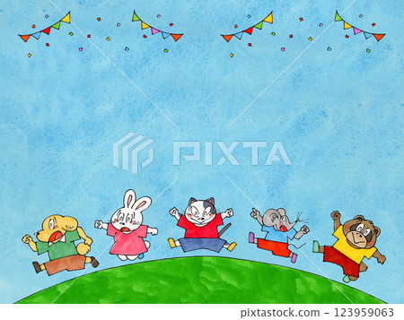Jumping animal characters (cat, dog, mouse, rabbit, raccoon dog) Copy space (blue sky) 123959063