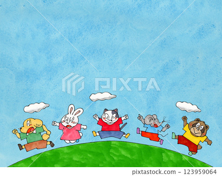 Jumping animal characters (cat, dog, mouse, rabbit, raccoon dog) Copy space (blue sky) 123959064