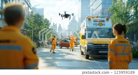Futuristic emergency response hub with drone and rescue team in city 123959189