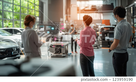 Innovative team analyzing data in modern automotive workshop 123959190