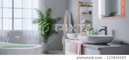 Modern bathroom design with bioluminescent accents and greenery 123959197