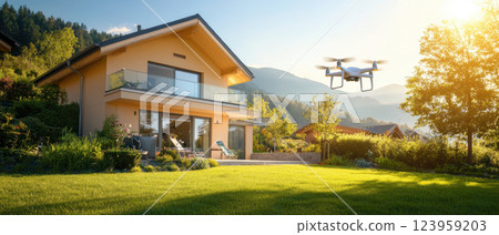 Futuristic smart home with drone ports and lush garden in sunlight Futuristic smart home with drone ports and lush garden in sunlight 123959203