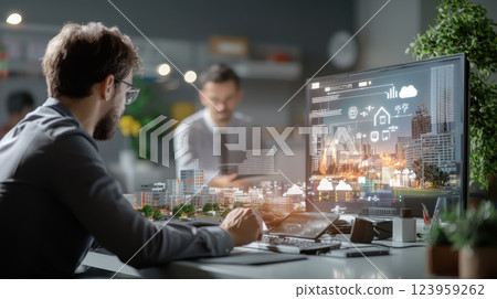 Innovative urban design with professional analyzing futuristic city plans 123959262