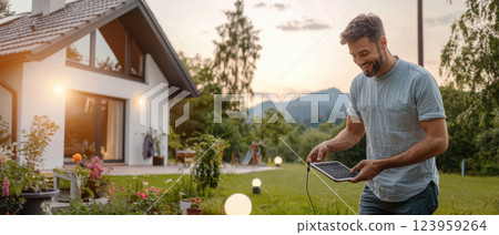 man using solar panel in garden with flowers and lights man using solar panel in garden with flowers and lights 123959264