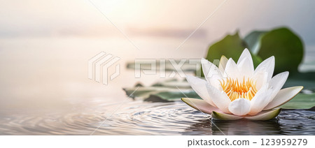serene white lotus flower floating on calm water, symbolizing peace and tranquility 123959279