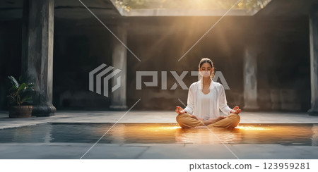 Meditation under golden lotus in glowing water creates serene atmosphere 123959281
