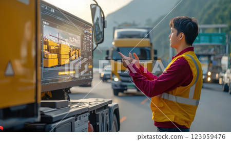 Efficient cargo distribution system visualized with trucks and technology Efficient cargo distribution system visualized with trucks and technology 123959476