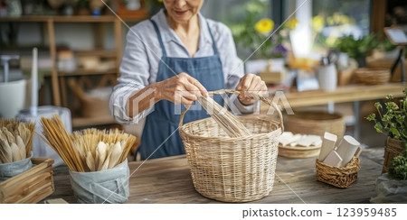 Artisan creating woven basket with natural materials in workshop 123959485