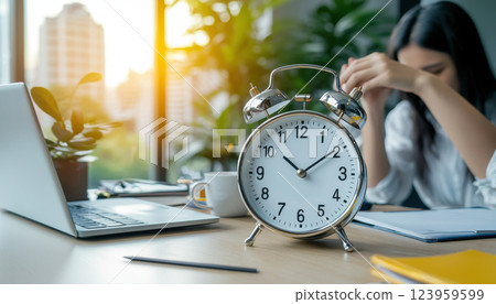 Time management is crucial for productivity, as shown by clock and stressed woman 123959599