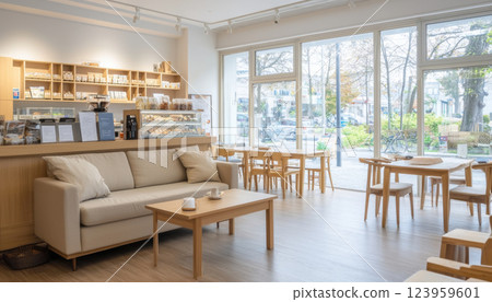 Cozy cafe interior with natural light, wooden furniture, and welcoming atmosphere 123959601