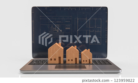 The Notebook and Wood House for Business concept 3d Rendering. The Notebook and Wood House for Business concept 3d Rendering. 123959822