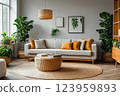 Interior of living room with green houseplants and sofas 123959893