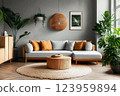 Interior of living room with green houseplants and sofas 123959894