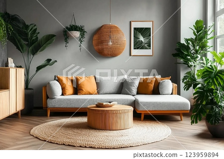 Interior of living room with green houseplants and sofas 123959894