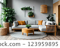Interior of living room with green houseplants and sofas 123959895