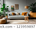 Interior of living room with green houseplants and sofas 123959897