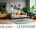 Interior of living room with green houseplants and sofas 123959898