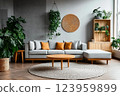 Interior of living room with green houseplants and sofas 123959899