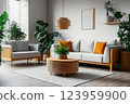 Interior of living room with green houseplants and sofas 123959900