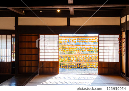 (Yamanashi Prefecture) Former Takano Family Residence (Kanso Yashiki) - Persimmons under the eaves seen from the living room 123959954