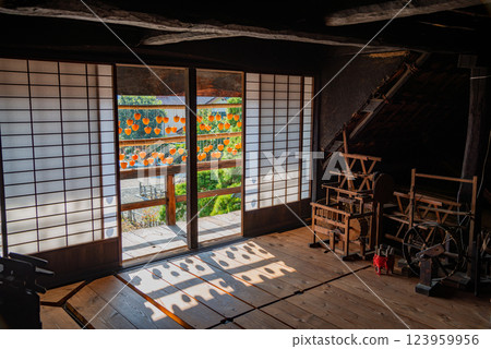 (Yamanashi Prefecture) Former Takano Family Residence (Kanso Yashiki) - Persimmons under the eaves seen from the living room 123959956