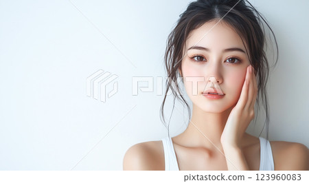 一名身穿背心的年輕女子正在觸摸她的臉。美容形象 123960083