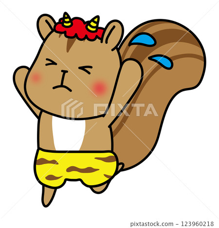 A squirrel dressed as a fleeing red demon 123960218