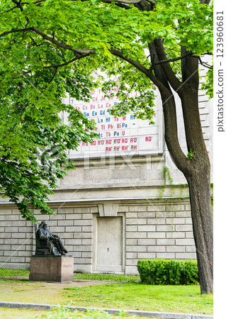 Monument to the chemist Mendeleyev. The periodic table of chemical elements  123960681