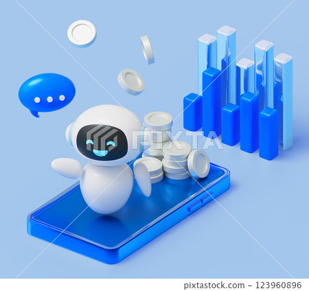 Ai bot with Graph and coin 3D graphic Ai bot with Graph and coin 3D graphic 123960896