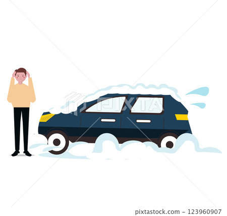 一名男子因汽車被困而被困在雪路上。向量圖 123960907