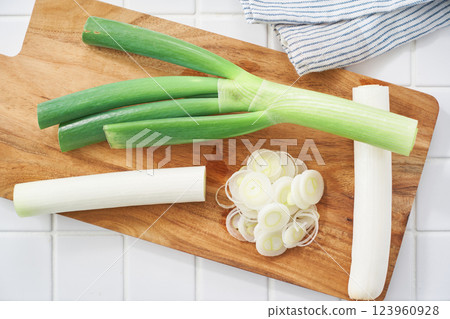 Finely chopped green onions on a cutting board Finely chopped green onions on a cutting board 123960928