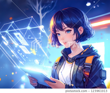 Illustration material of a woman using a tablet 123961013