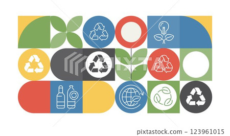 Recycling day. concept for world environment and sustainable development, recycling symbols, bins, plastic bottles, and carbon emission reduction. Illustrated with a green pattern natural shapes. Recycling day. concept for world environment and sustainable development, recycling symbols, bins, plastic bottles, and carbon emission reduction. Illustrated with a green pattern natural shapes. 123961015