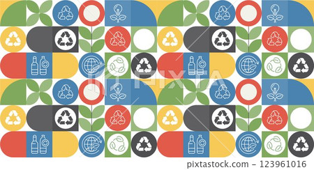 Recycling day. concept for world environment and sustainable development, recycling symbols, bins, plastic bottles, and carbon emission reduction. Illustrated with a green pattern natural shapes. Recycling day. concept for world environment and sustainable development, recycling symbols, bins, plastic bottles, and carbon emission reduction. Illustrated with a green pattern natural shapes. 123961016