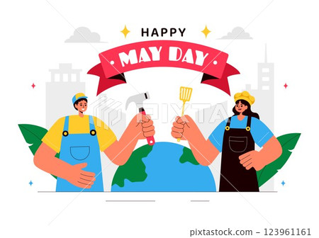 Happy May Day Vector Illustration on May 1st Featuring Various Construction Workers from Different Professions with a Thank You Message to All Workers Happy May Day Vector Illustration on May 1st Featuring Various Construction Workers from Different Professions with a Thank You Message to All Workers 123961161