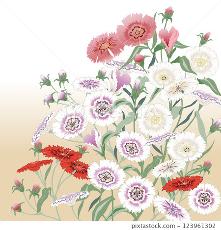 A Colorful Field of Blooming Dianthus Flowers. Vector Illustration in Minhwa, Korean Folk Painting Style A Colorful Field of Blooming Dianthus Flowers. Vector Illustration in Minhwa, Korean Folk Painting Style 123961302