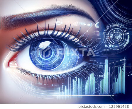 Illustration material of a holographic display and close-up of the eyes 123961428