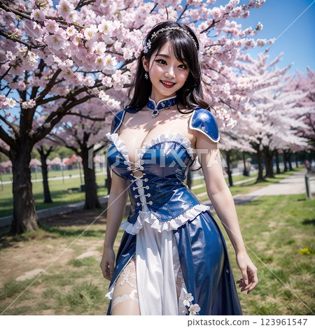 一位女士在櫻花下拍紀念照 123961547