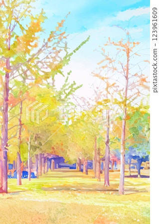 Watercolor painting of a row of ginkgo trees 123961609