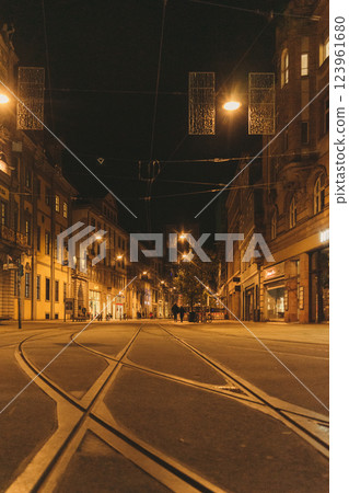 Tram Tracks Under Streetlights in the Historic City. High quality photo Tram Tracks Under Streetlights in the Historic City. High quality photo 123961680