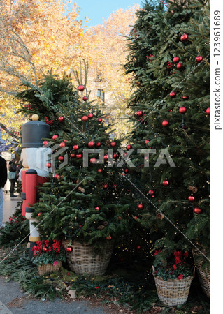 Two Christmas trees adorned with red ornaments and festive decorations outdoors. High quality photo Two Christmas trees adorned with red ornaments and festive decorations outdoors. High quality photo 123961689