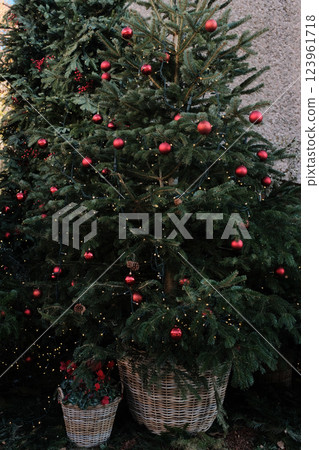 Christmas tree decorated with red ornaments and fairy lights in a festive setting. High quality photo 123961718