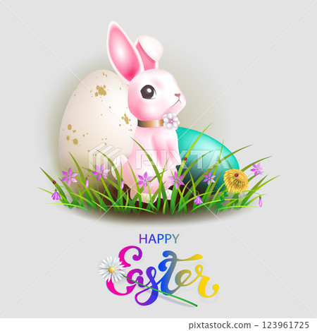 Isolated drawing with Easter eggs and cute bunny 123961725