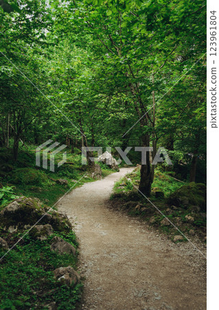 Konigssee Lake in Bavaria Germany with Church by the Lake White Boat Forested Mountain and Beautiful Sunny Trekking in Berchtesgaden German Alps. High quality photo 123961804