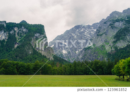A stunning view of a lush green forest surrounded by towering mountain peaks. The serene landscape evokes a sense of peace and natural beauty, perfect for nature enthusiasts. Konigssee lake Bavaria A stunning view of a lush green forest surrounded by towering mountain peaks. The serene landscape evokes a sense of peace and natural beauty, perfect for nature enthusiasts. Konigssee lake Bavaria 123961852