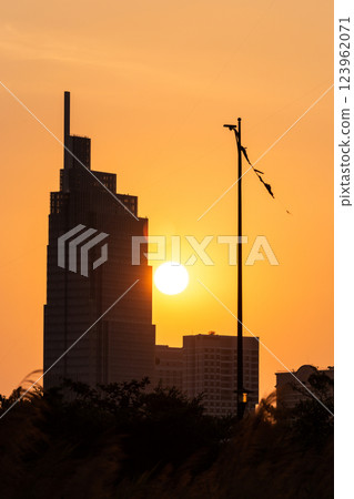 Bitexco and Landmark 81 at Sunset in Ho Chi Minh City with Saigon Bridge and Scenic View. High quality photo 123962071