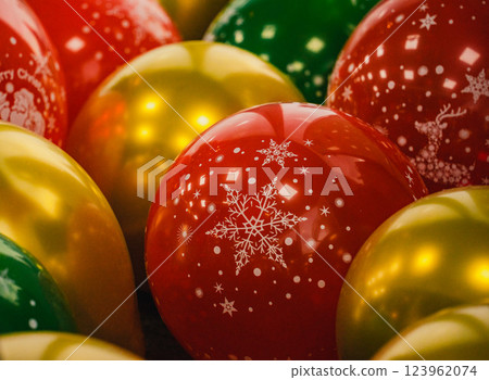 Nativity Scene with Christmas Tree and Balloon Decorations in Office Festive Atmosphere with Santa Claus. High quality photo 123962074