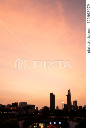 Bitexco and Landmark 81 at Sunset in Ho Chi Minh City with Saigon Bridge and Scenic View 123962079