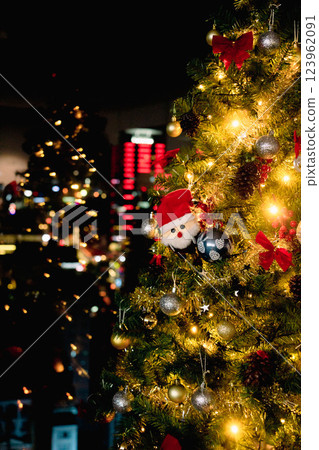 Nativity Scene with Christmas Tree and Balloon Decorations in Office Festive Atmosphere with Santa Claus. High quality photo 123962091