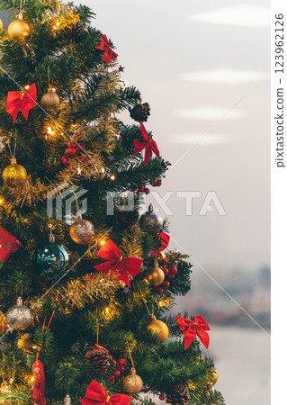 Nativity Scene with Christmas Tree and Balloon Decorations in Office Festive Atmosphere with Santa Claus. High quality photo Nativity Scene with Christmas Tree and Balloon Decorations in Office Festive Atmosphere with Santa Claus. High quality photo 123962126